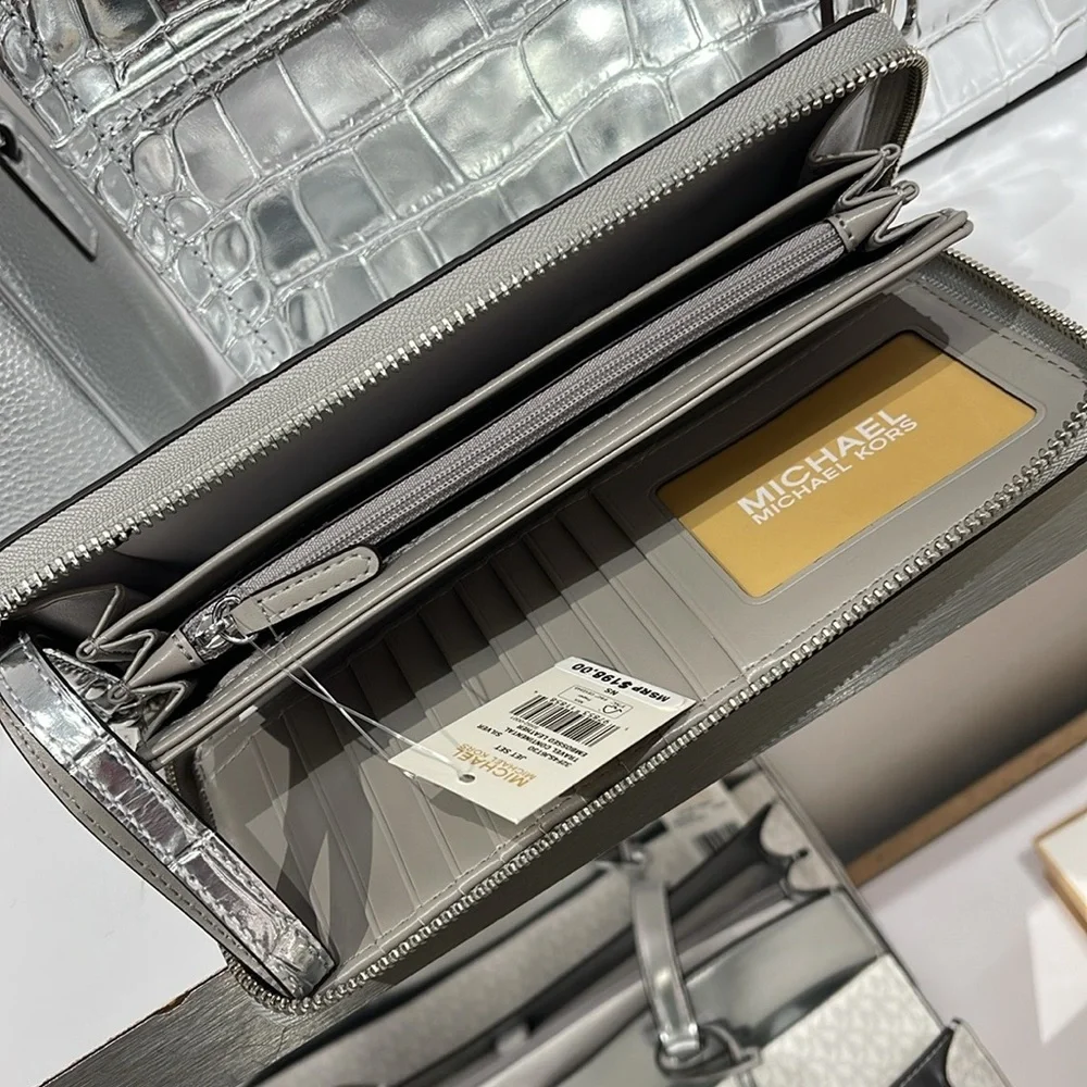 Michael Kors JST Metallic Crocodile Embossed Leather Continental Wallet NWT